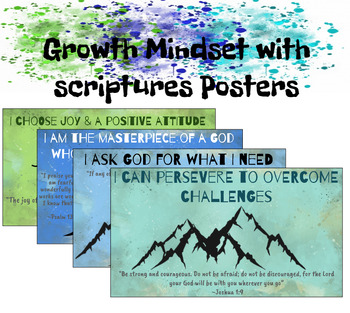 Preview of Growth Mindset with Scriptures Posters Mountain Themed