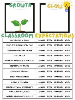 Preview of Growth and Glow Student Reflection for Classroom Expectations P/T Conferences
