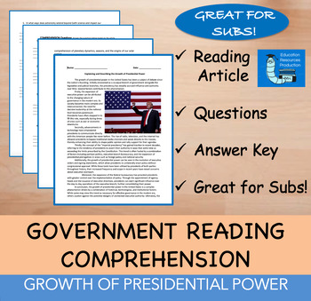 Preview of Growth of Presidential Power - Reading Comprehension Passage & Questions