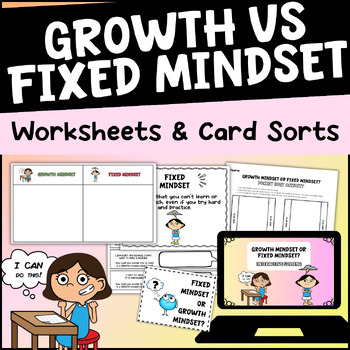 Preview of Growth vs Fixed Mindset: Card Sorts, Slides, Worksheets | Digital/Printable SEL