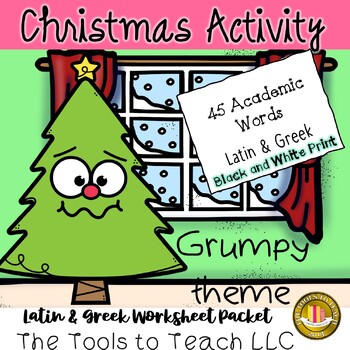 Preview of Christmas Academic Words Grumpy Worksheet Packet Black and White Print No Prep