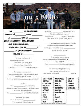 Preview of Grupo Frontera & Bad Bunny - 'un x100to' Spanish Cloze Song Sheet *WITH VIDEO*