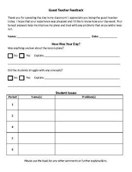 Guest Teacher Feedback Form by Creations by Chrissy | TPT