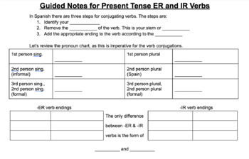 Preview of Guided -ER and -IR Spanish verb Notes