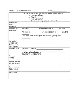 Preview of Science Guided Note Worksheet for PowerPoint Global Local Winds Coriolis Effect