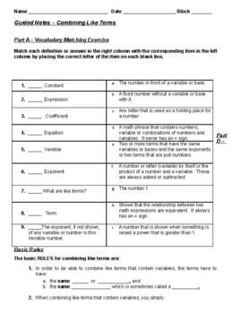 Preview of Guided Notes - Combining Like Terms (Student & Teacher Versions)