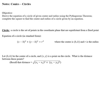 Preview of Guided Notes - Conics (Circles, Ellipses, Hyperbola, Parabola) with Answer Keys