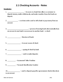 Preview of Guided Notes - Financial Algebra Ch. 2 - Checking Accounts