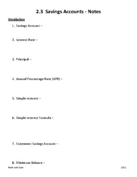 Preview of Guided Notes - Financial Algebra Ch. 2, Sec. 3 Savings Accounts