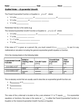 Preview of Guided Notes - Graphing Exponential Growth Functions (Student/Teacher Versions)