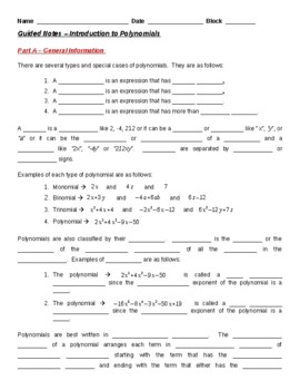 Preview of Guided Notes - Introduction to Polynomials (Student & Teacher Versions)