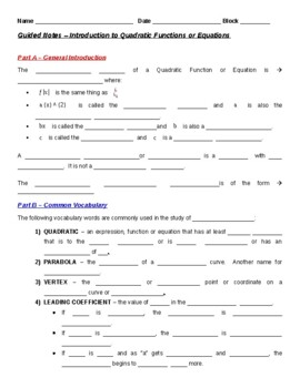Preview of Guided Notes - Introduction to Quadratic Functions (Student/Teacher Versions)
