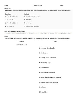 Preview of Guided Notes - Lesson 3.6, part 1 - Using the Quadratic Formula and Discriminant
