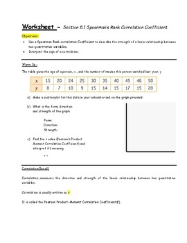 Preview of Guided Notes - Lesson 8.1 - Spearman's Rank Correlation Coefficient