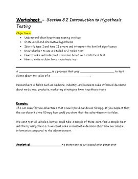 Preview of Guided Notes - Lesson 8.2 - Introduction to Hypothesis Testing