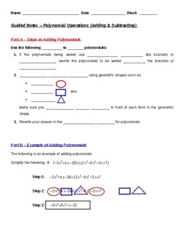 Preview of Guided Notes - Polynomial Operations (Add & Subtract) Student/Teacher Versions)