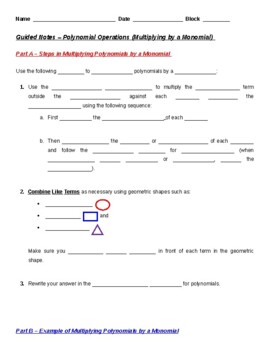 Preview of Guided Notes-Polynomial Operations (Monomial Multiplication) Student/Teacher Ver