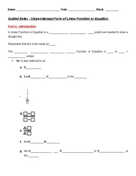 Preview of Guided Notes -Slope Intercept Form of Linear Equation (Student/Teacher Versions)