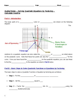 Preview of Guided Notes - Solving Quadratic Equations by Factoring (Student & Teacher Ver.)