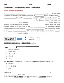 Preview of Guided Notes - Systems of Linear Equations by Substitution (Student & Teacher)