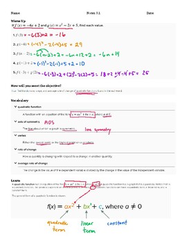 Preview of Guided Notes Teacher Guide - Lesson 3.1, part 1 - Graphing Quadratic Functions