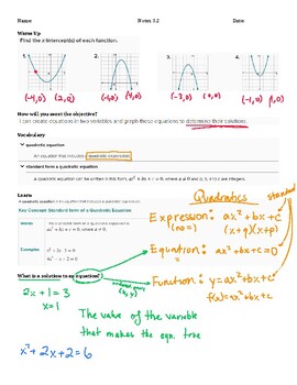 Preview of Guided Notes Teacher Guide - Lesson 3.2 - Solving Quadratic Equations by Graphin