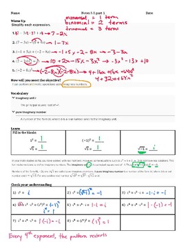 Preview of Guided Notes Teacher Guide - Lesson 3.3, part 1 - Complex Numbers