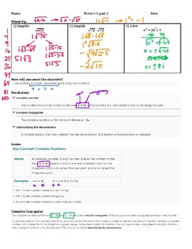 Preview of Guided Notes Teacher Guide - Lesson 3.3, part 2 - Complex Numbers