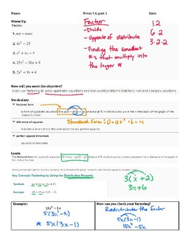 Preview of Guided Notes Teacher Guide - Lesson 3.4, part 1 - Solve Quad Eqn by Factoring