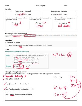 Preview of Guided Notes Teacher Guide - Lesson 3.5, part 2 - Solve by Completing the Square