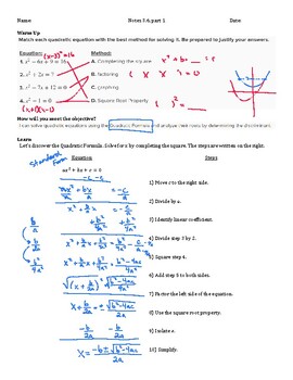 Preview of Guided Notes Teacher Guide - Lesson 3.6, part 1 - Quad Formula & Discriminant
