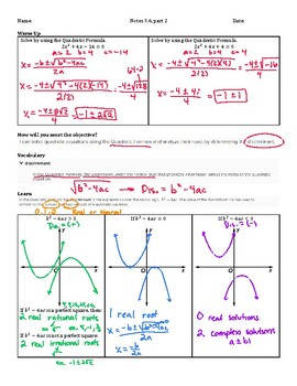 Preview of Guided Notes Teacher Guide - Lesson 3.6, part 2 - Quad Formula & Discriminant