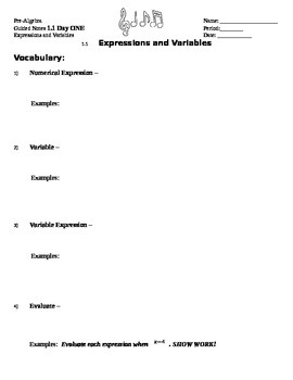 Preview of Guided Notes: Writing and Evaluating Variable Expressions