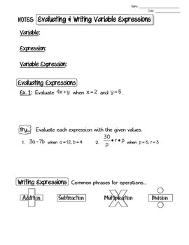 Preview of Guided Notes on Evaluating and Writing Variable Expressions