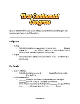 Preview of Guided Outline Notes: First Continental Congress