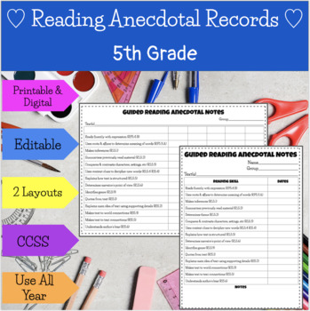 Preview of Guided Reading Anecdotal Records - 5th Grade
