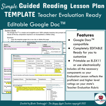 Preview of Guided Reading Lesson Plan Template Teacher Effectiveness Performance Evaluation