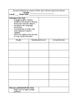 Preview of Guided Reading Lesson Plan Template With Observation Notes