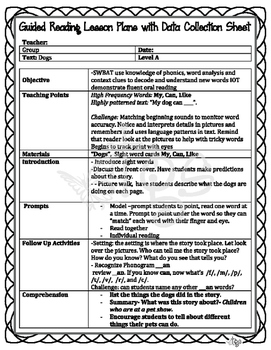 Guided Reading Lesson Plans for Level A with Data Collection Sheets