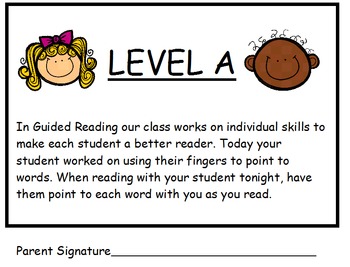 Preview of Guided Reading Level A Parent Skill Letters