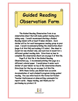 Preview of Guided Reading Observation Notes / Checklist based on DRA