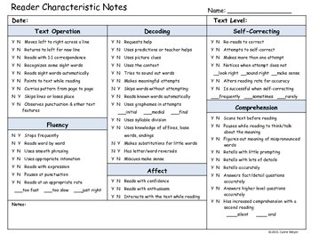 Guided Reading Reader Characteristic Anecdotal Notes Form by Carrie Meyer