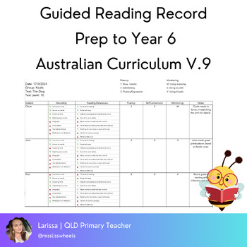Preview of Guided Reading Record (Prep to Year 6 - Aus Curriculum V.9)