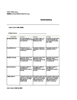 Preview of Guided Reading Rubric