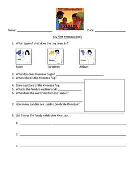 Preview of Guided Reading Worksheet for "My First Kwanzaa Book"