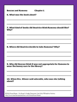 Beezus And Ramona Book Unit Distance Learning School Or At Home Questions