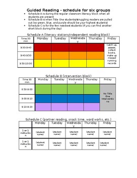Guided Reading schedule color coded editable by Kindergarten to Middle ...