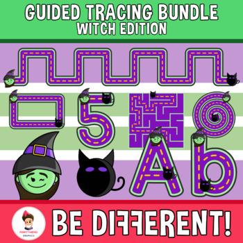 Preview of Guided Tracing Bundle Clipart Witch Edition Motor Skills Pencil Control Cat