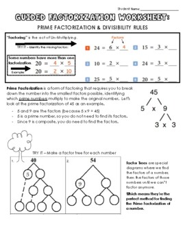 Preview of Guided Worksheet: Prime Factorization & Divisibility Rules