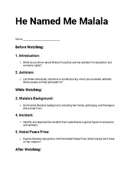 Preview of Guided movie work sheet for He Named me Malala